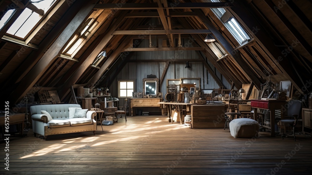 Old barn attic transformed into a studio with vintage furniture and exposed wooden trusses