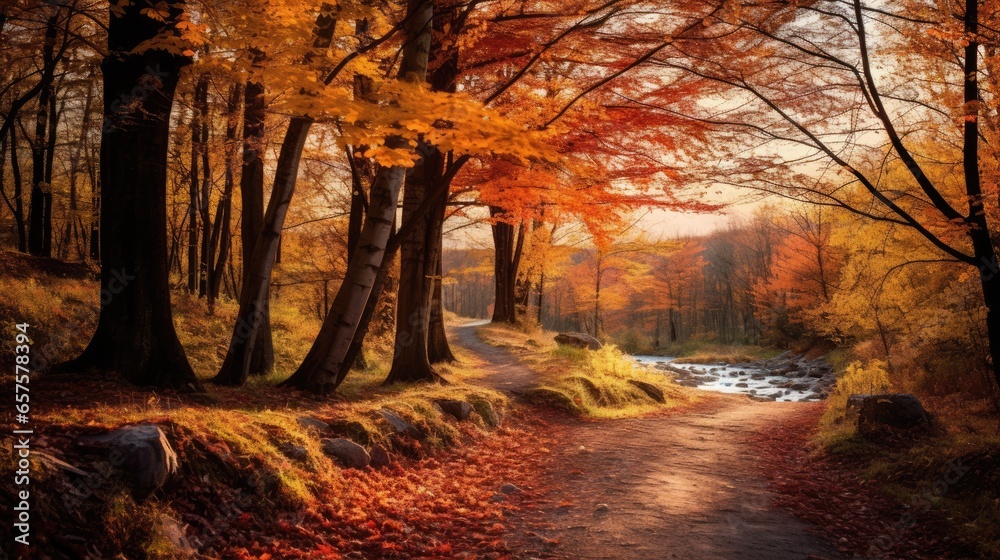 Scenic Autumn Forest Path with Colorful Trees and Falling Leaves ...