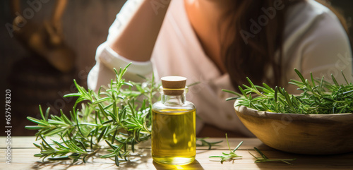 fragrant medicinal evergreen rosemary oil help with hair loss. rosemary oil jar on a wooden background.