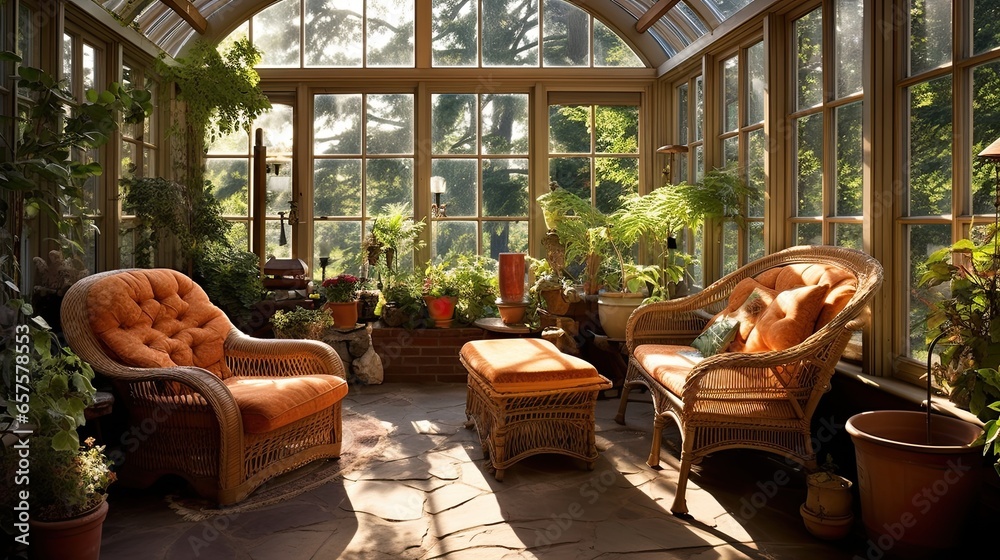 Rustic sunroom with wicker furniture, stone flooring, and an abundance of potted plants