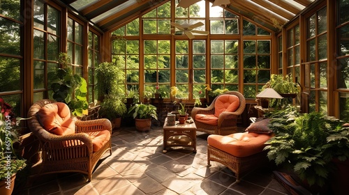 Fotografija Rustic sunroom with wicker furniture, stone flooring, and an abundance of potted