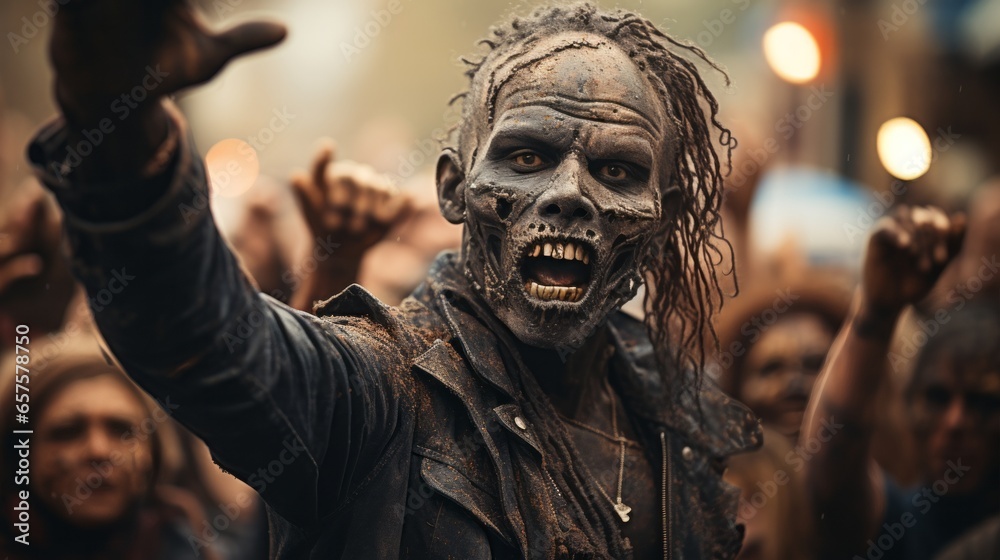 Amidst a crowd of onlookers, a man wearing intricate face paint evokes a feeling of horror and wildness in the outdoor setting Amidst a crowd of onlookers, a man wearing intricate face paint evokes a feeling of horror and wildness in the outdoor setting