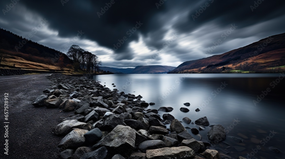  a long exposure photo of a lake with rocks in the foreground.  generative ai