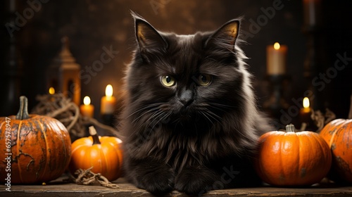 On a candlelit table, a black cat rests among the autumnal pumpkins, symbolizing the harmony between animals and nature during the halloween season