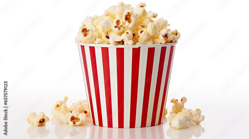 Delicious Popcorn in a Classic Red and White Paper Cup on a Clean White Background. Suitable for the theme of snacking, watching films at night, cinema, theater, entertainment or delicious treats. Delicious Popcorn in a Classic Red and White Paper Cup on a Clean White Background. Suitable for the theme of snacking, watching films at night, cinema, theater, entertainment or delicious treats.