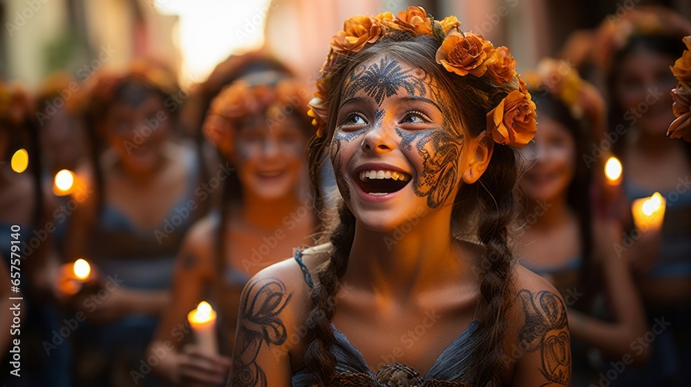 At the festival, a vibrant woman with face paint and flowers in her hair danced joyfully in the sunshine, radiating positivity and a unique sense of style