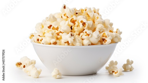 Delicious Popcorn in a Bowl on a Clean White Background. Suitable for the theme of snacking, watching films at night, cinema, theater, entertainment or delicious treats.