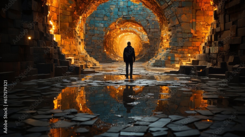 Fotka „A lone figure stands in a mysterious cave illuminated by a ...