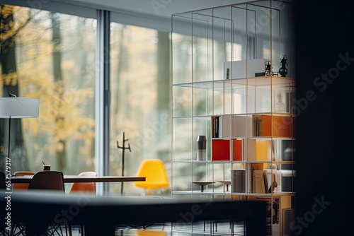 A blurred view inside of house from windows, in the style of bauhaus simplicity