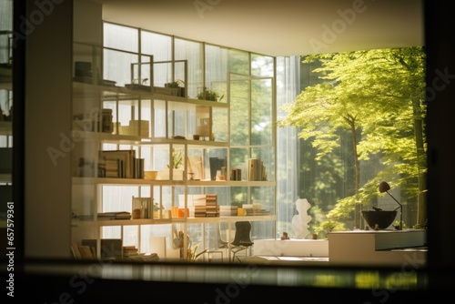 A blurred view inside of house from windows, in the style of bauhaus 