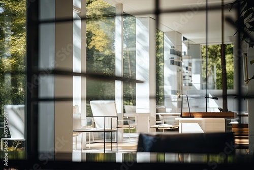 A blurred view inside of house from windows, in the style of bauhaus
