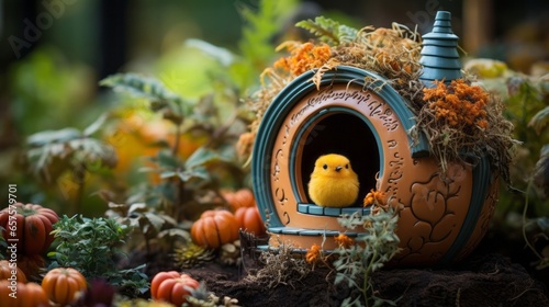 On a crisp fall evening, a tiny yellow bird perched atop a pumpkin plant, surrounded by the vibrant colors of the season, overlooking an outdoor setting perfect for a halloween night photo