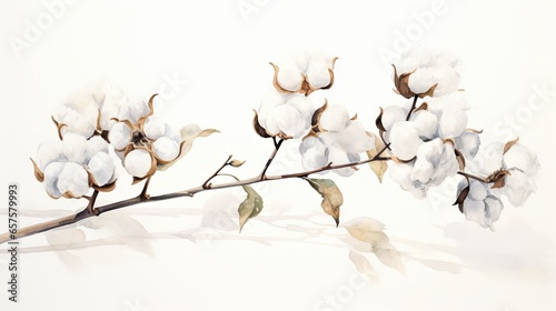  a painting of a branch of cotton flowers with leaves on it.  generative ai