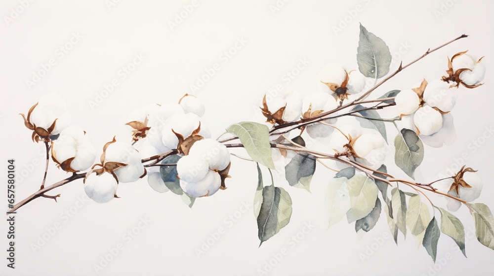  a branch with cotton flowers and leaves on a white background.  generative ai - obrazy, fototapety, plakaty 