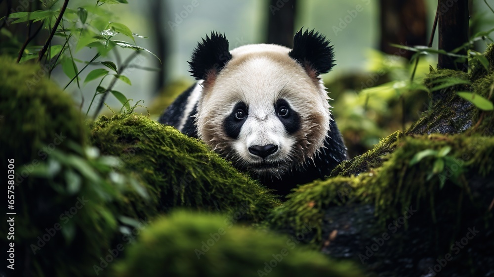 Fototapeta premium a panda bear walking through a lush green forest filled with trees. generative ai
