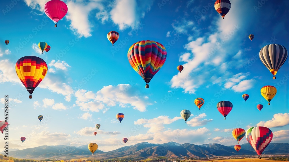 Fototapeta premium a bunch of hot air balloons flying in the sky over a field. generative ai