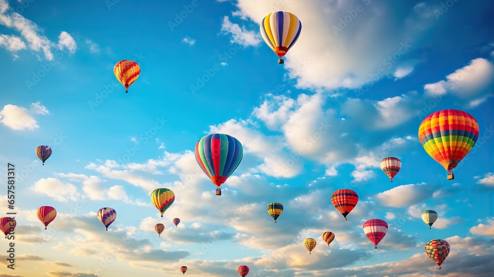 Fototapeta premium a bunch of hot air balloons flying in the sky with clouds. generative ai