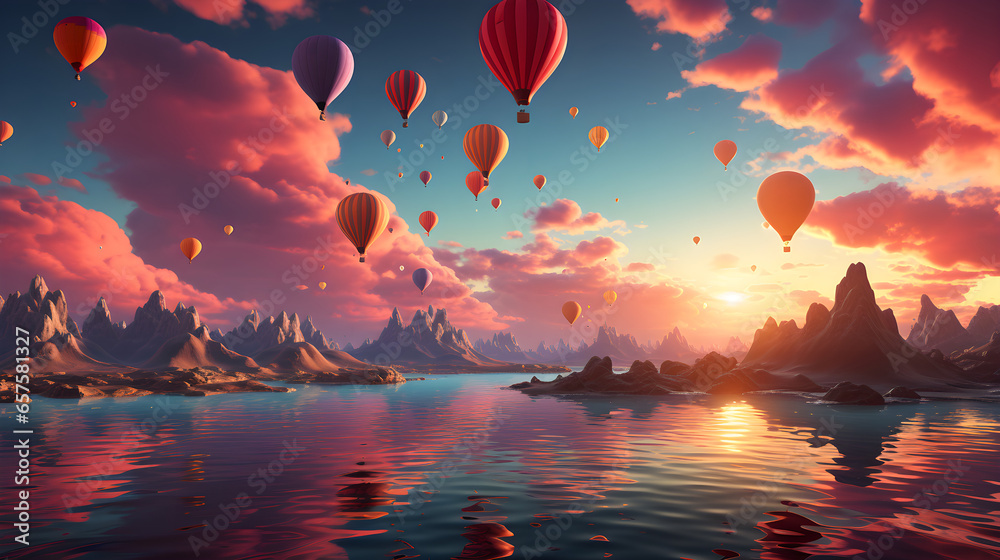 Beautiful landscape with hot air balloons	