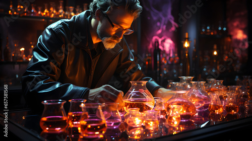 Chemist works with flasks in laboratory with neon light background