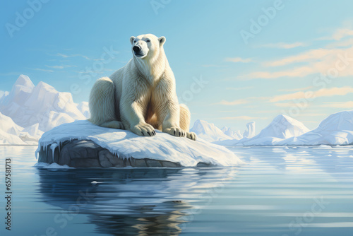 A poignant portrait featuring a majestic polar bear standing alone on a solitary ice floe, symbolizing the harsh realities of global warming.
