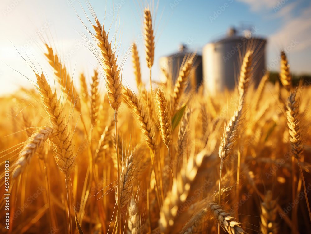 Fototapeta premium This close-up image showcases a vibrant wheat field, with three silos softly blurred in the background, portraying the beauty of rural agriculture.