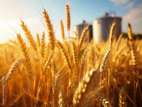 This close-up image showcases a vibrant wheat field  with three silos softly blurred in the background  portraying the beauty of rural agriculture.