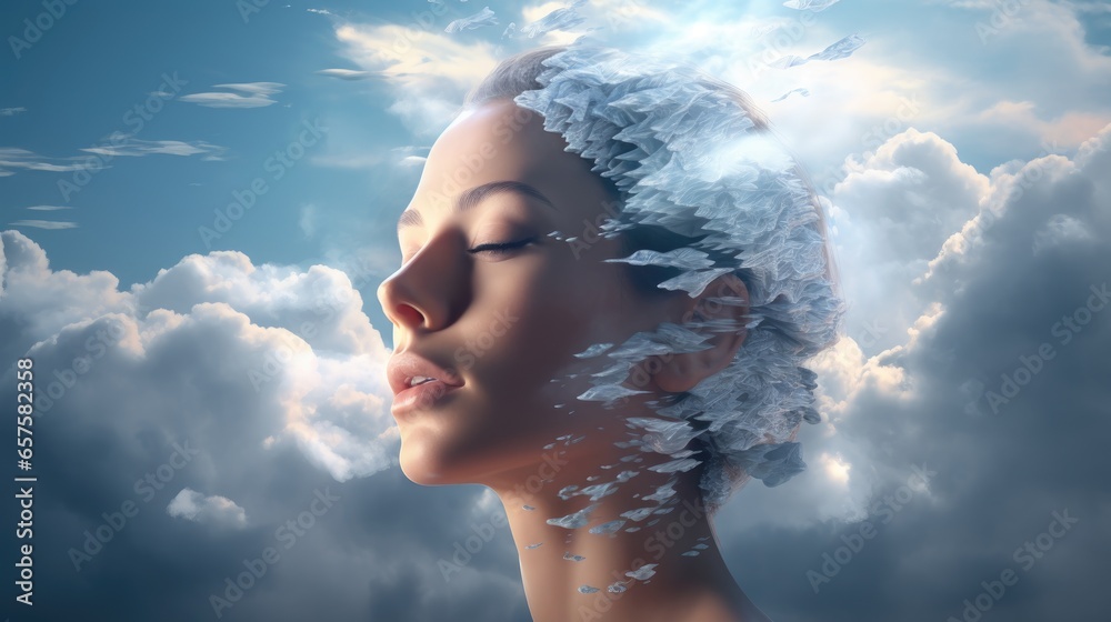 Obraz Artisitic image of womans head with closed eyes and perfect skincare in the sky and clouds trying to cool down and relax meditating after stressful day