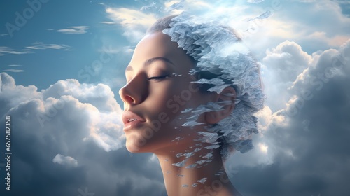 Obraz na płótnie Artisitic image of womans head with closed eyes and perfect skincare in the sky and clouds trying to cool down and relax meditating after stressful day