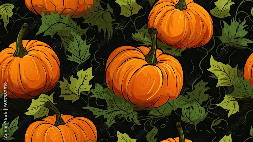 a bunch of pumpkins with leaves on a black background. generative ai a bunch of pumpkins with leaves on a black background. generative ai