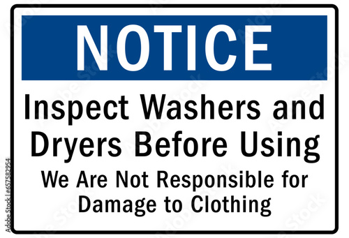 Laundry sign and labels inspect washers and dryers before using