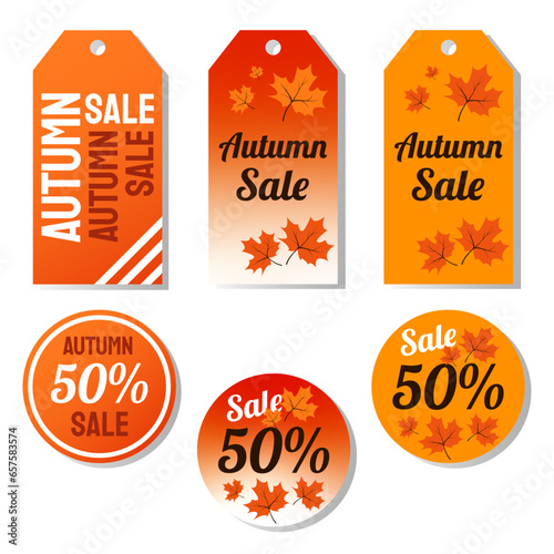 Set of autumn sales price tags in orange hues. Fall themed labels and round stickers with 50% sale. Discount tags with autumn leaves