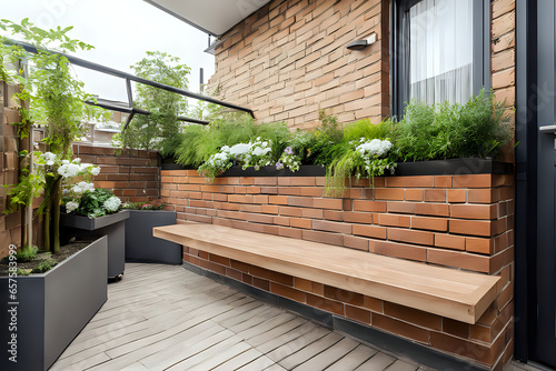 Morden residential balcony garden with bricks wall, wooden bench and plants.Side view