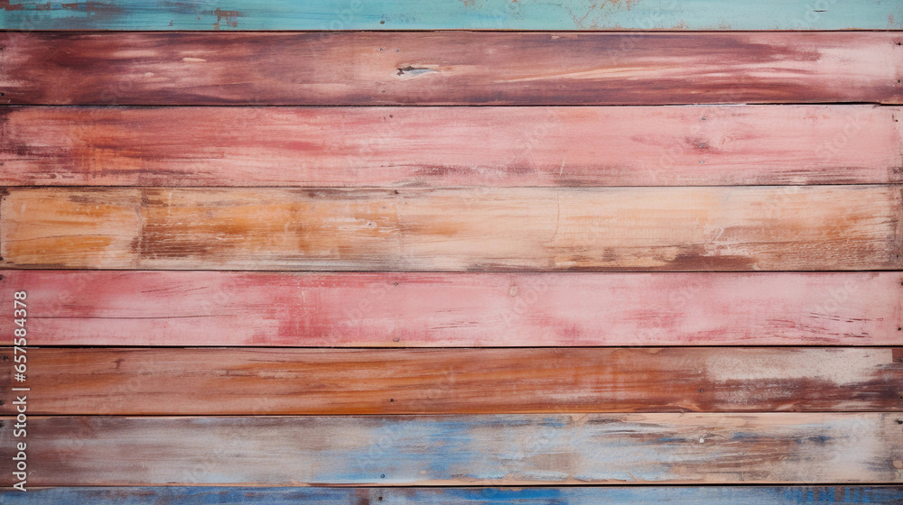Painted Wooden Planks, Where Vibrant Hues Merge with Natural Grain, Creating a Visual Symphony of Colors on a Rustic Canvas