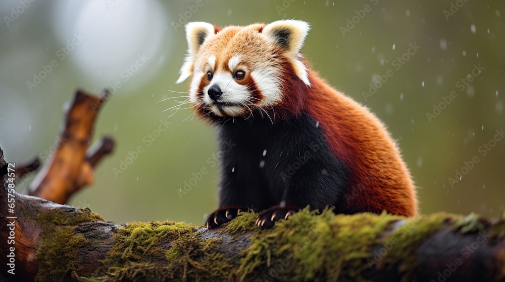 Fototapeta premium a red panda sitting on a tree branch in the rain. generative ai