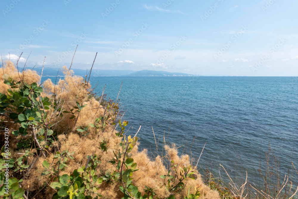 Black sea coast. bald mountain. Beautiful blue sea in Novorossiysk