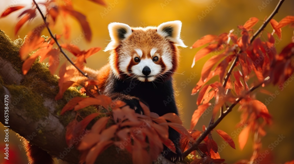 Obraz premium a red panda sitting on a tree branch in a forest. generative ai