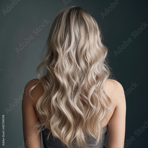 Back view young woman with long blond hair at back on studio dark blue background.