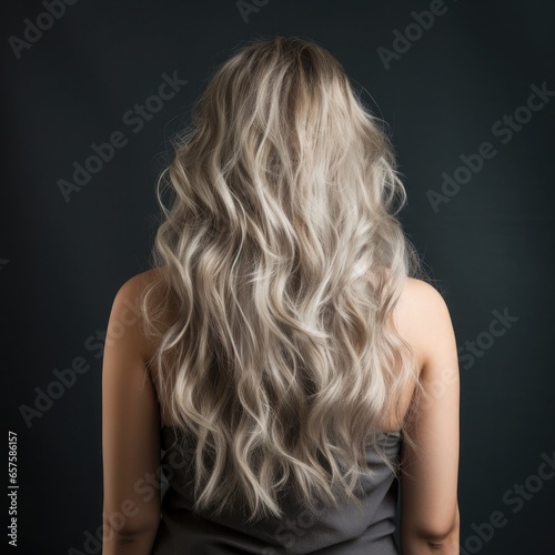 Back view young woman with long blond hair at back on studio dark blue background.