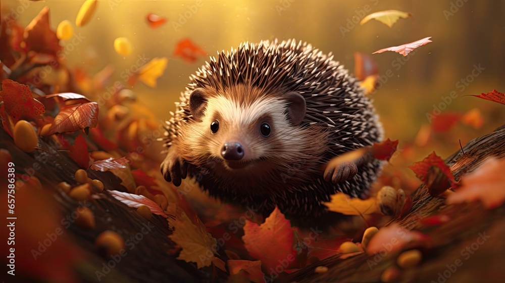 Hedgehog runs through the autumn forest