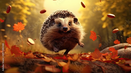 Hedgehog runs through the autumn forest