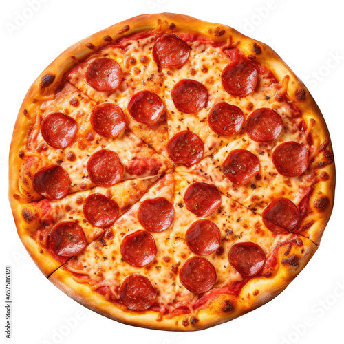 Pizza pepperoni on transparent background, top view angle