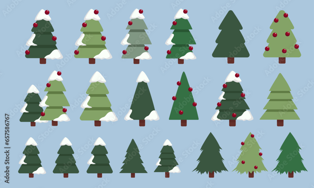 Vector flat set of cartoon Christmas trees, pine trees.  Different colorful decorated xmas pines with red christmas balls and snow. New Year and Christmas traditional symbolic tree dusted with snow