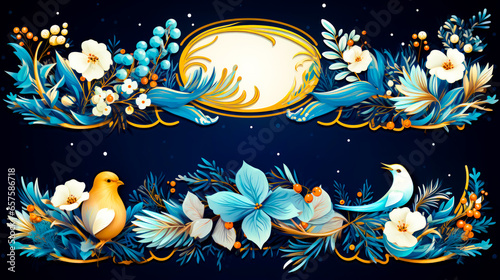 Two blue and gold floral banners with birds and flowers on dark blue background.