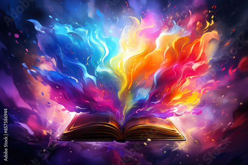 Spell book. Magically glowing old book. Fairy tale come to life