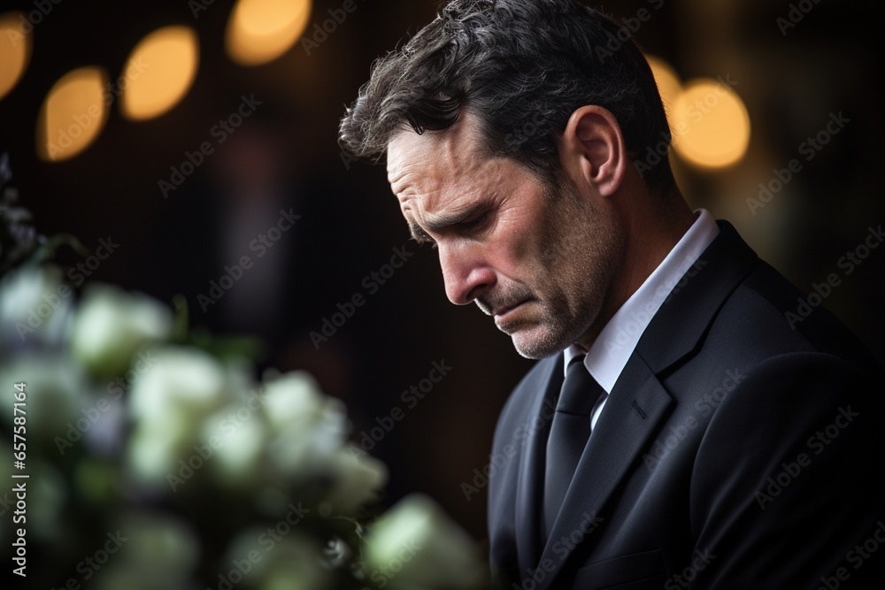 closeup shot of a senior man in front of a funeral bouquet closeup shot of a senior man in front of a funeral bouquet