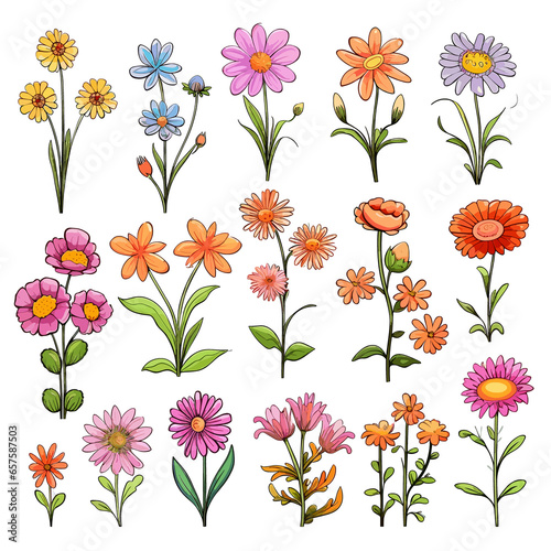 Set of cute flowers cartoon characters and design elements. Vector illustration.