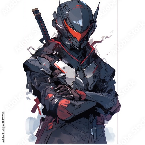 Cyber ninja, with armour and Katana. In japanese anime style