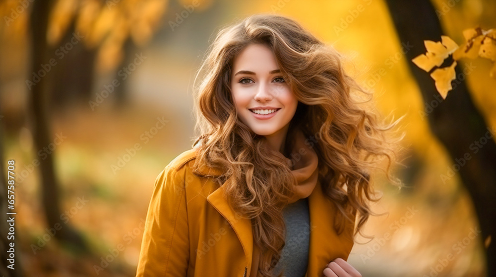 Beautiful young woman posing in a forest in autumn with yellow leaves Beautiful young woman posing in a forest in autumn with yellow leaves