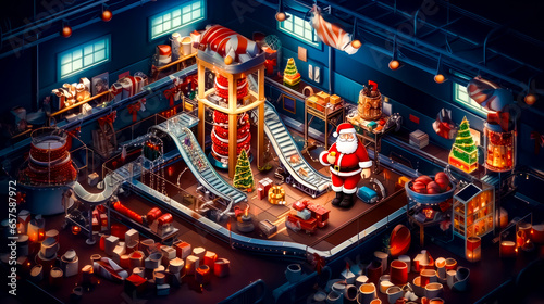 Santa clause is standing in front of christmas tree and roller coaster.