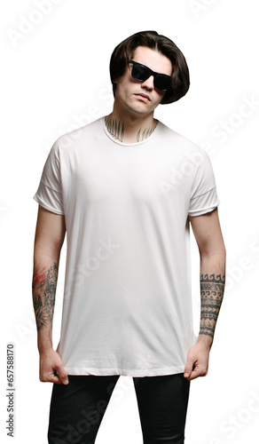 Man wearing white blank t-shirt over transparent background